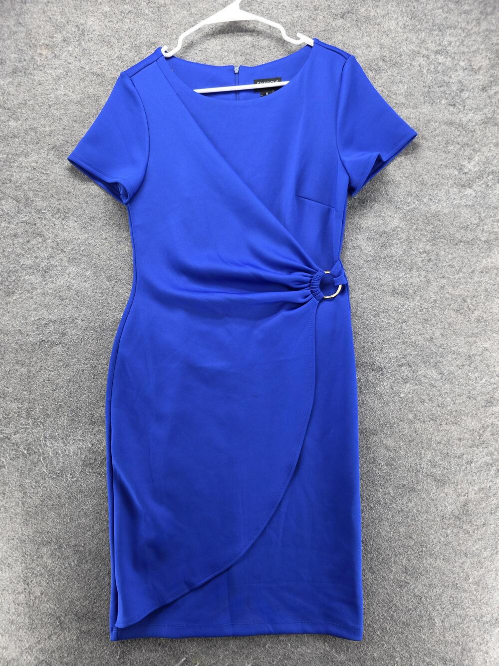 En Focus Studio Dress Womens 6 Blue Wrap Sheath Knee Length Round Neck Zip